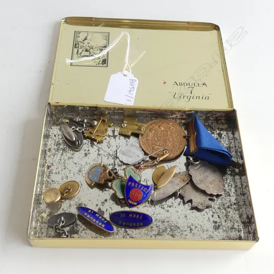 TIN w. ASST. STG & GILT MEDALS ETC