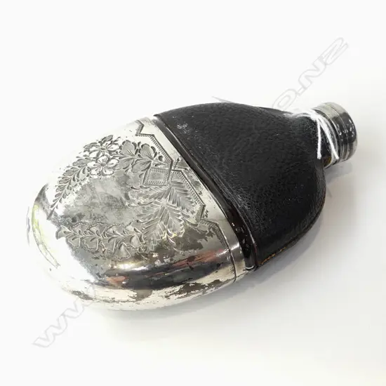 VICTORIAN HIP FLASK, SILVER PLATE, LEATHER & GLASS