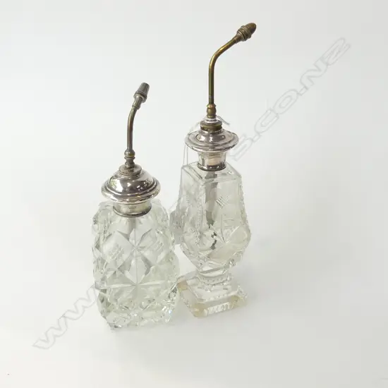 TWO STG SILVER & CUT CRYSTAL SCENT BOTTLES, PUMP ACTION (NO PUMPS) H 190 & 150MM