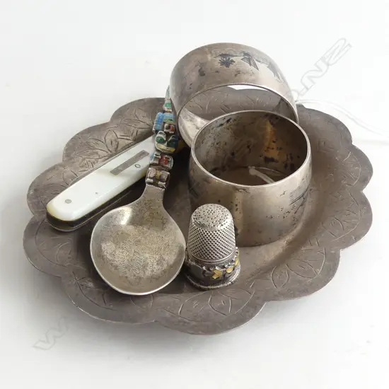 STG SILVER & EP ETC.; THIMBLE, CANADIAN SPOON, SMALL PLATE, 2 NAPKIN RINGS & MOP POCKET KNIFE