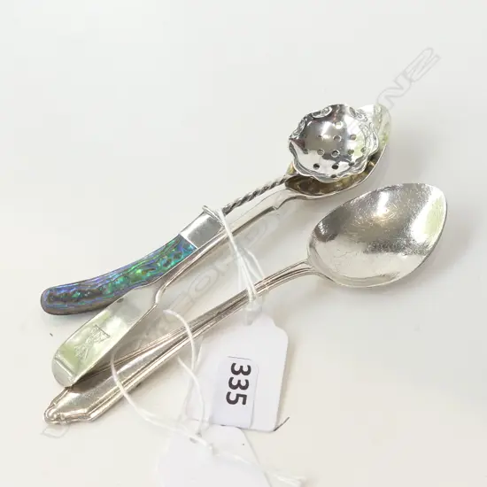 2 STG SILVER TEASPOONS + STG SIFTER WITH PAUA SHELL HANDLE