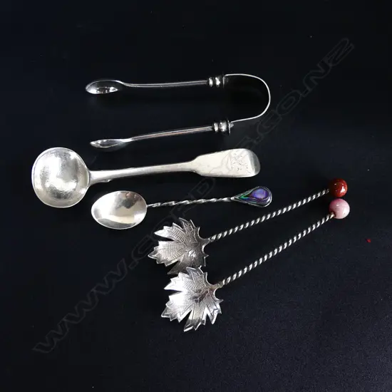 5 SILVER CUTLERY ITEMS. 4 SML SPOONS & PR SUGAR TONGS 57gms