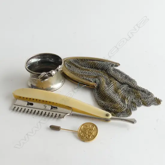 SM BAG ASST; BONE HANDLED RAZOR, MESH PURSE & EP KANGAROO NAPKIN RING ETC..