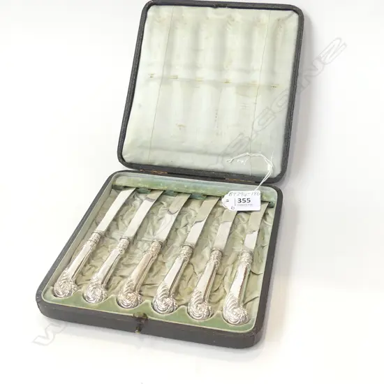 SET 6 STG SILVER PISTOL GRIP KNIVES IN CASE, BIRM. 1907, L 170MM