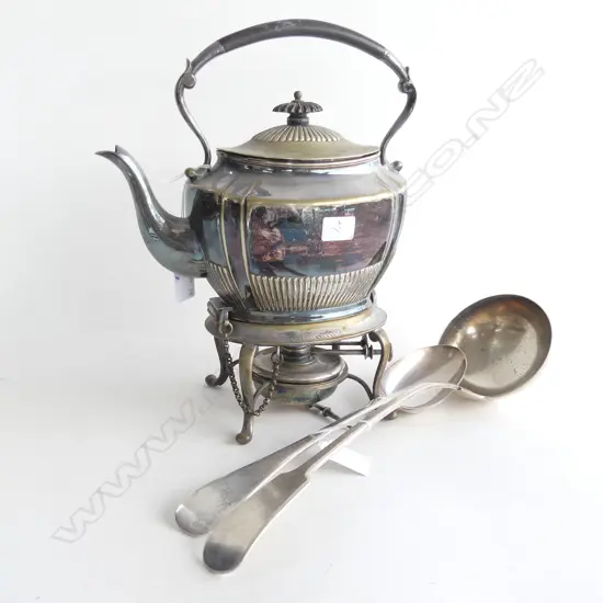 OLD SILVER PLATE SPIRIT KETTLE + 1 LG LADLE & SPOON