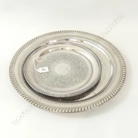 2 PIE CRUST SILVER PLATE TRAYS; DIA 255 & 380MM