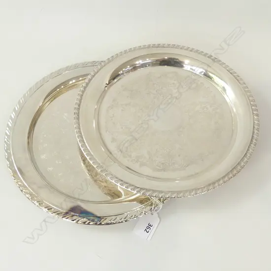 2 SM ROUND SILVER PLATE TRAYS; 1 ONEIDA + 1 OTHER  DIA  260MM