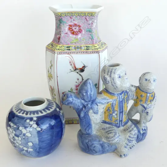 3 PCES CHINESE CERAMICS; FAMILLE ROSE VASE H.240mm, GINGER JAR & MONKEY VASE