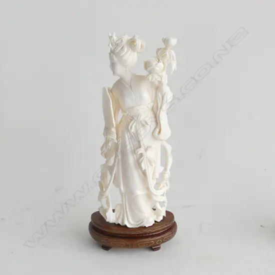 CARVED IVORY ORIENTAL LADY ON WOODEN STAND, H. 180MM