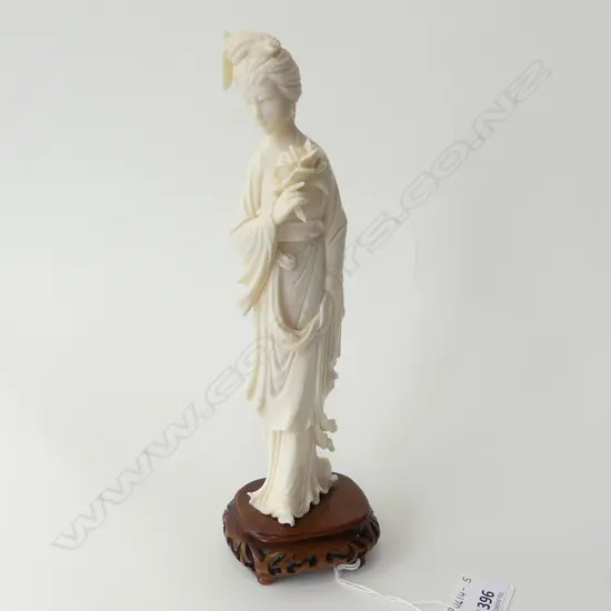 CARVED IVORY ORIENTAL LADY ON WOODEN STAND, H. 235MM