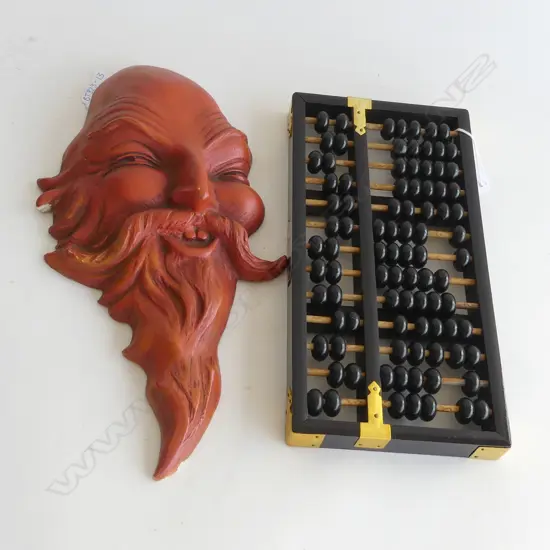 ORIENTAL RED CLAY WALL MASK (H 300MM) SOME MINOR CHIPPING + WOODEN ABACUS (L245MM)