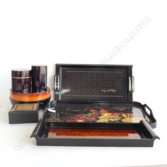 ORIENTAL LACQUER; 3 ASST TRAYS, 3 ASST STORAGE CONTAINERS & CONTAINER WITH COASTERS 