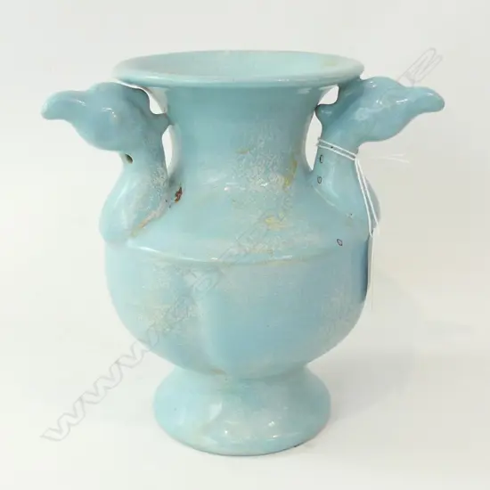ORIENTAL BLUE GLAZE VASE WITH 3 BIRD HEADS H. 180MM - RED WAX SEAL TO BASE