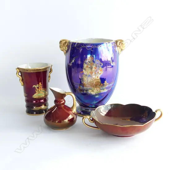CROWN DEVON BLUE LUSTRE VASE + 3 PCS CARLTON WARE ROUGE ROYAL 
