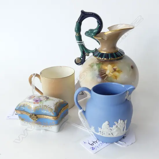 HAND PAINTED HADLEYS WORCESTER JUG H 120 MM REPAIR TO SPOUT+W/WOOD/LIMOGE BOXAND CARLTON WARE CUP A/F
