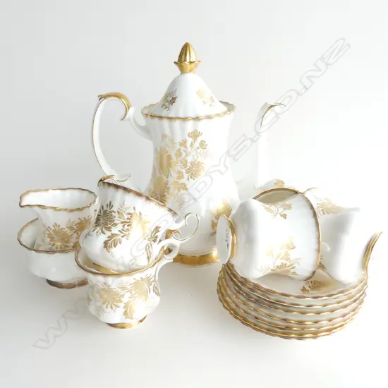 ROYAL ALBERT 'GOLDEN GLORY' DEMITASSE COFFEE SET; 5 CUPS & 7 SAUCERS, SUGAR BOWL, CREAMER & COFFEE POT 