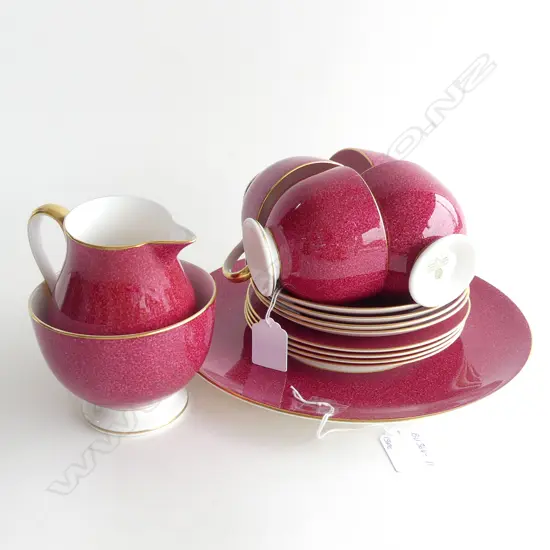WEDGWOOD 15 PC RUBY TEASET; 4 TRIOS, JUG, SUGAR BOWL & CAKE PLATE