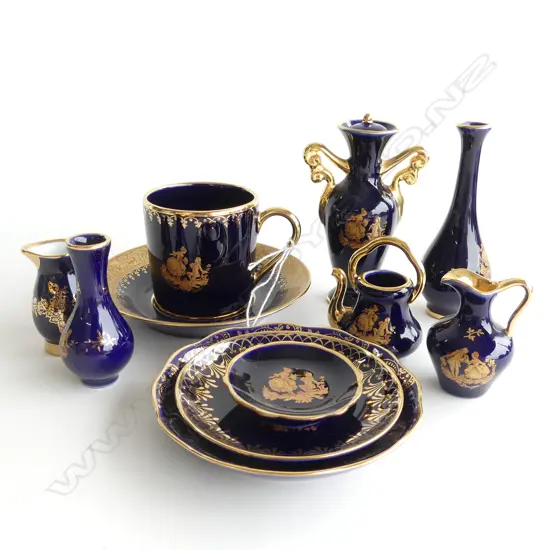 SM BOX OF 9 LIMOGES COBALT BLUE & GOLD MINIATURE PCS + DEMI C&S