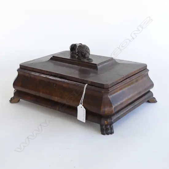 VICTORIAN WORK BOX LION TO LID some repair L.300mm