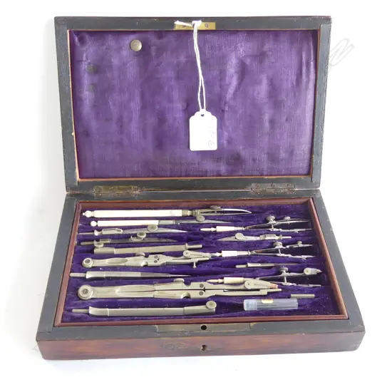 OLD WOODEN BOXED DRAWING SET MAY HAVE AN ACCESSORY MISSING