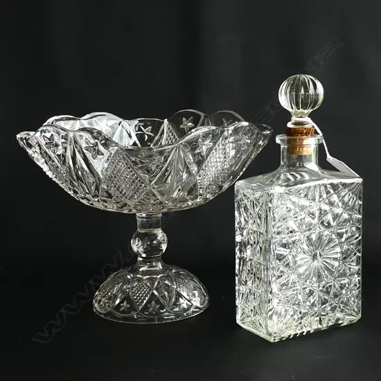 PRESSED GLASS PEDESTAL BOWL & DECANTER H.250mm