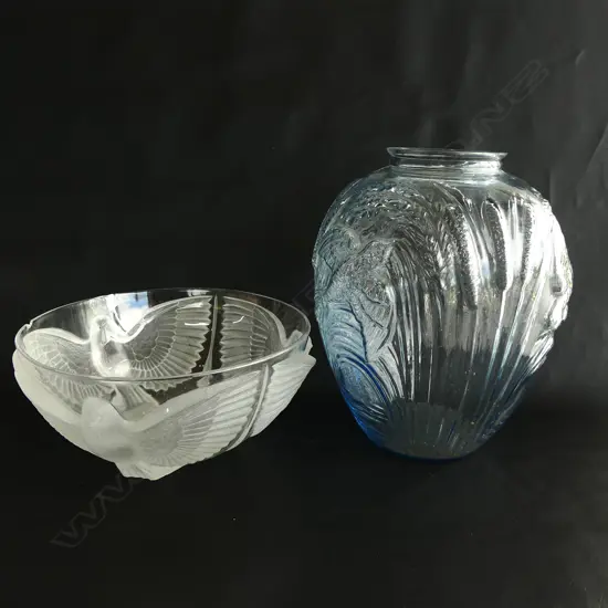 LALIQUE STYLE BOWL 255mm dia + LGE VASE w. BIRD DESIGN H.270mm BOTH w. CHIPS