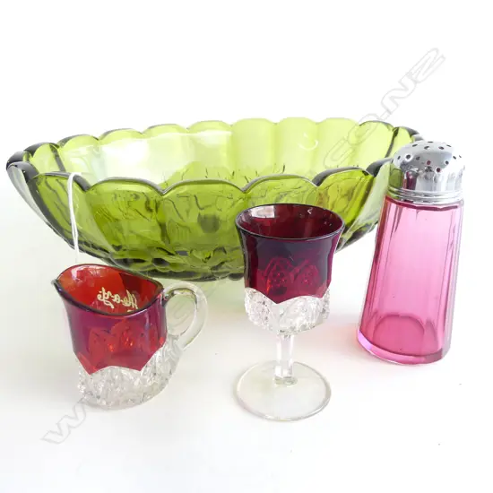 LG OLIVE GREEN EMBOSSED GLASS OVAL BOWL (L310MM) + 2 RUBY GLASS PCS & SUGAR SHAKER 