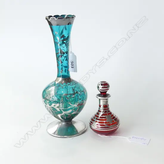 VENETIAN RUBY GLASS SILVER OVERLAY SCENT  BOTTLE WITH TALLER VASE H 200 MM