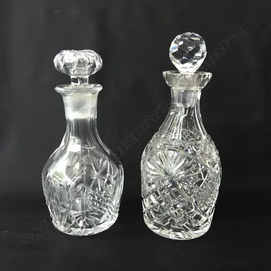 TWO ANTIQUE CUT CRYSTAL DECANTERS H. 280 & 240MM