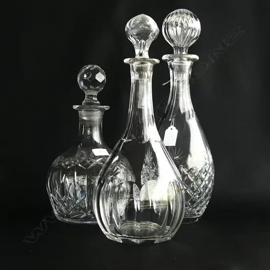 3 ASSORTED DECANTERS; 2 CRYSTAL & 1 GLASS , LARGEST H.335MM