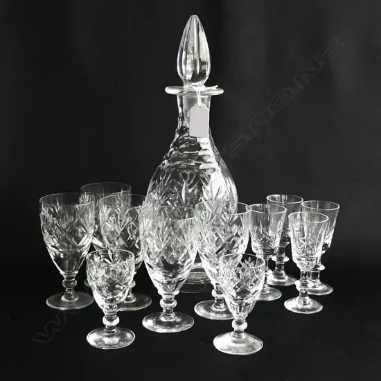 CRYSTAL DECANTER + 11 ASST. GLASSES