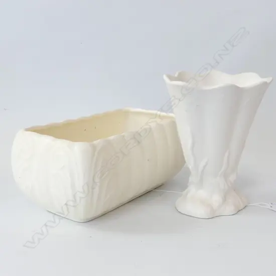 2 WHITE CROWN LYNN VASES; #644 H.135mm, TROUGH W.195mm