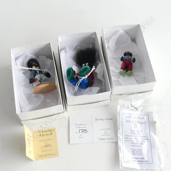 3 DEB CANHAM LTD. ED. GOLLY DOLLS; 'GOLLY GOSH', 'TEDDYS FRIEND' & 'PROUD GOLLY' ALL BOXED w. CERTIFICATES H.75mm