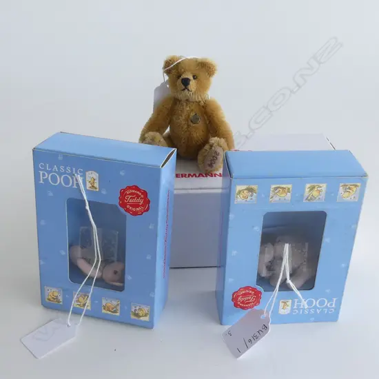 3 HERMANN TEDDIES; 'CLASSIC POOH' EYORE & PIGLET + OTHER; ALL BOXED