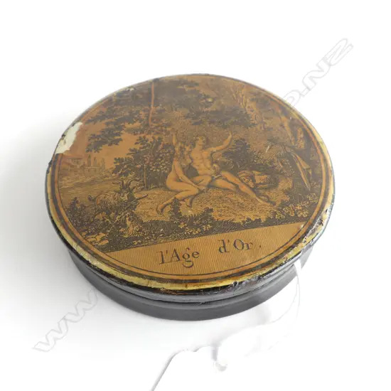 GEORGE III LACQUER SNUFF BOX "L'Age d'Or " (The Golden Age) A.F Dia. 85mm