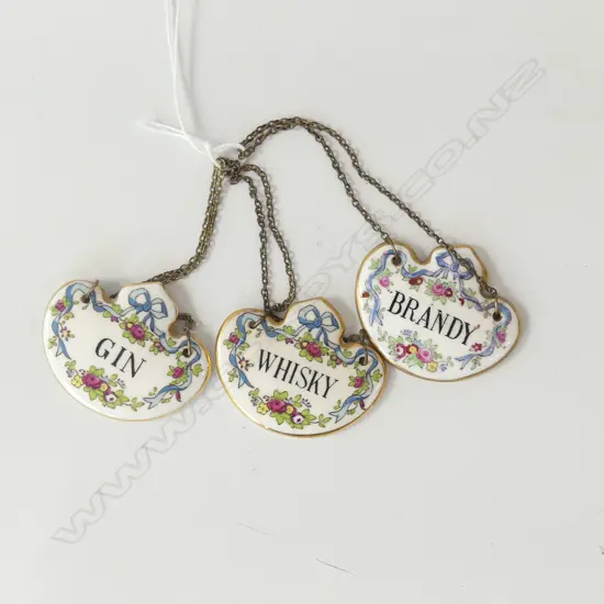 SET 3 ROYAL CROWN DERBY DECANTER LABELS; GIN, WHISKY & BRANDY U