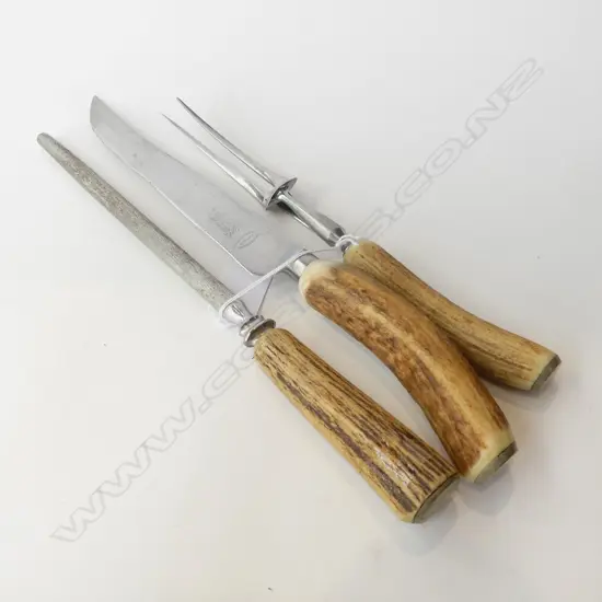 3 PC SHEFFIELD ANTLER HANDLE CARVING SET BY WM HUMPHRIES