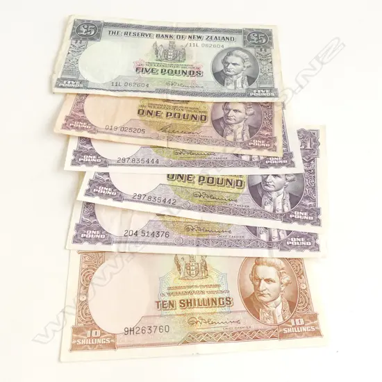 6 EARLY NZ BANKNOTES: FLEMMING 1x£5 + 3x£1 + 10/- & other £1 