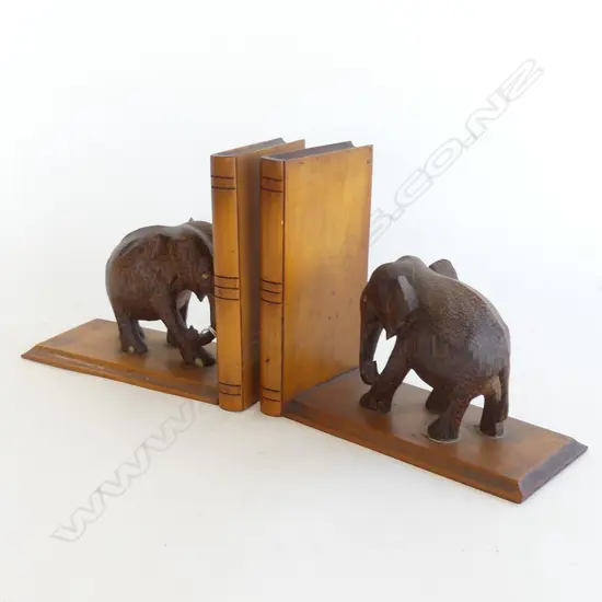 PR. ELEPHANT BOOKENDS + 3 EBONY ELEPHANTS AND ONE WOODEN ALL WITH BONE TUSKS AF ONE ELEPHANT MINUS A TUSK