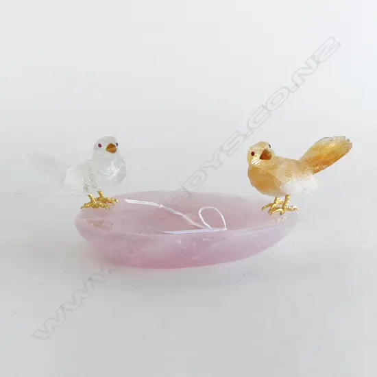 ROCK CRYSTAL CARVED TWO BIRDS (CITRINE & CRYSTAL) ON ROSE QUARTZ BASE.H.115mm **RTV**