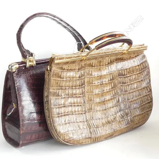 VINTAGE CROCODILE LEATHER HAND BAG WITH  FAUX TORTOISESHELL HANDLES
