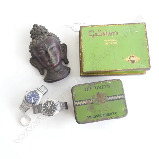4 OLD TINS 'GALLAGHERS' ETC + 2 WATCHES + SILVER RING + BUDDHA WALL HANGING