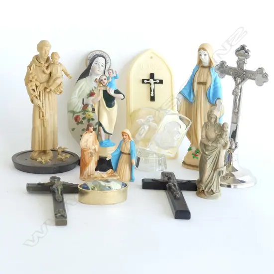 SM BOX ASST VINTAGE RELIGIOUS SM STATUES, FONTS, CRUCIFIXES ETC..