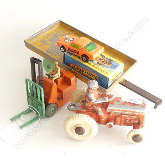 3 TOYS MATCHBOX SUPERFAST DRAGSTER & FUN-HO TRACTOR & TRAILER & DINKY FORKLIFT