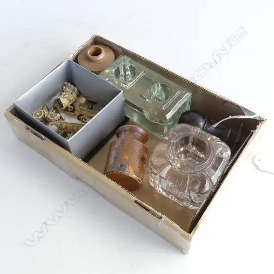 SMALL BOX OF INKWELLS, BOTTLES, STAMP & MINIATURE FAUX IVORY CHINESE FIGURES