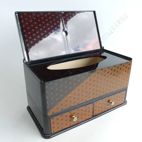 BLACK LAQUERED MAKEUP BOX WITH MIRRORS & 2 DRAWERS