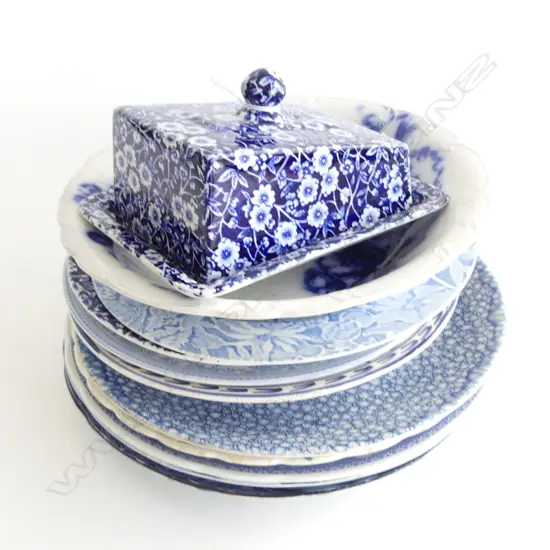 9 ASST. B/W PLATES + BOWL 245mm & CALICO LIDDED BUTTER DISH