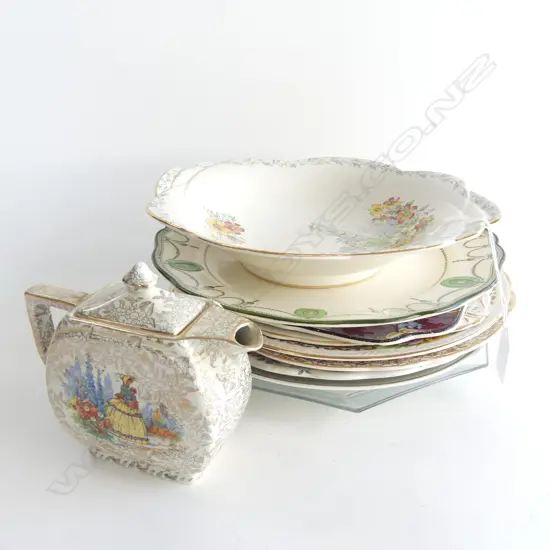 STACK PLATES INCL ROYAL DOULTON 'COUNTESS', RADFORD AOF + EMPIRE CRINOLINE LADY SM TEAPOT 