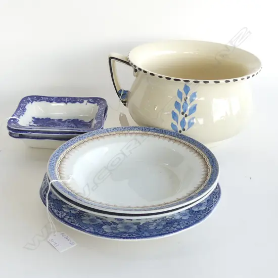 BURLEIGH WARE POTTY + 3 GEORGE JONES B&W DISHES (L 150MM) + 3 OTHER DISHES