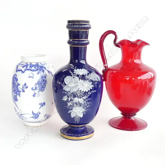 3 VASES; ROYAL CROWN DERBY, ITALIAN RED GLASS, BLUE VICTORIAN H.295mm